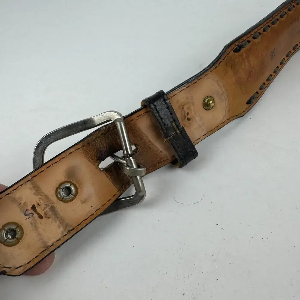 VTG Circle Y Yoakum Hand Made Texas Western Black Leather 38" Cowboy Belt Thick - Picture 6 of 9
